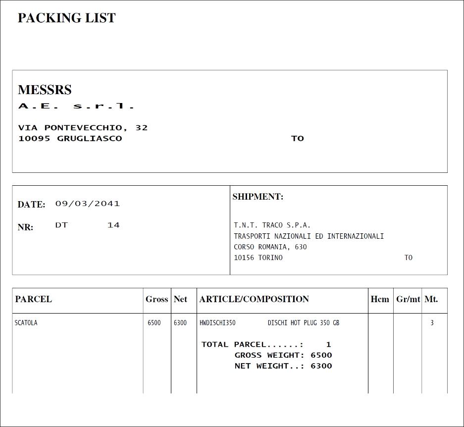 Stampa del packing list
