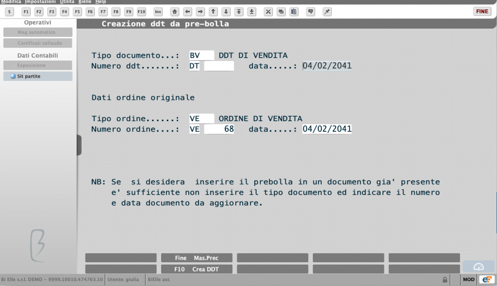 Creazione del ddt direttamente dal pre bolla